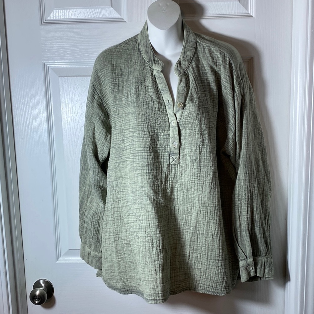 Elan Sage Green Gauzy Cotton Lagenlook Button Popover Oversized Top Small.